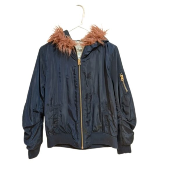 Charlotte Russe Navy Bomber Jacket Faux Fur Hood Size L - Picture 2 of 3